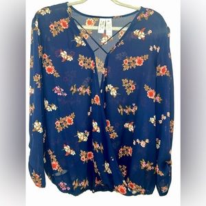 Midnight Sky Blue Floral Crisscross Blouse Top | Size XL